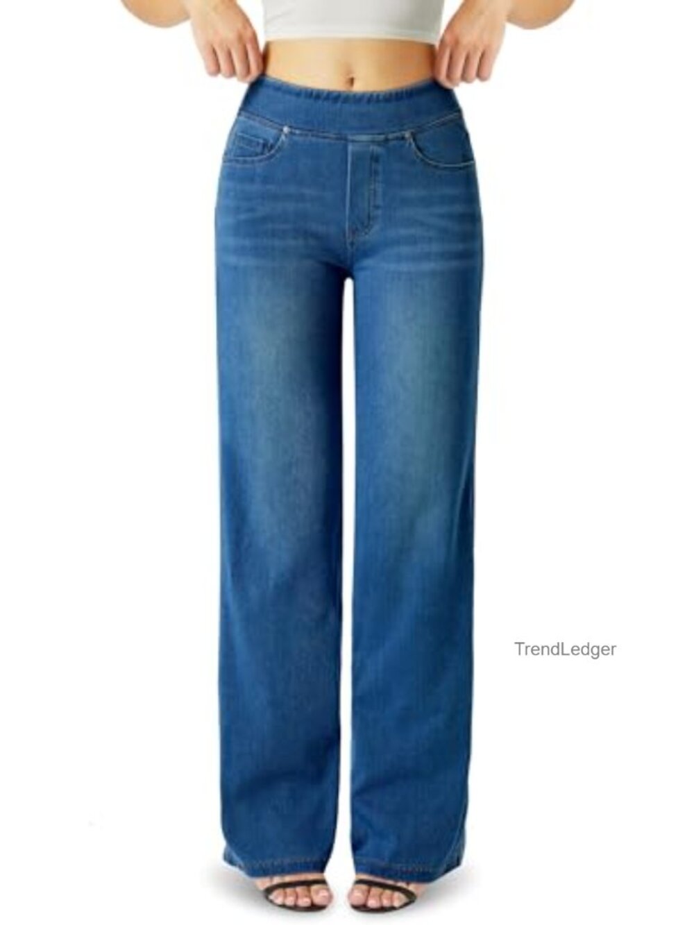 High Waisted Wide Leg Stretch Knit Denim Jeans Straight Leg Boyfriend Pockets